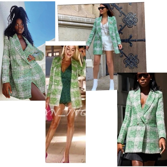 Zara Green white Plaid Tweed Double-Breasted Blazer jacket Sz XS - Picture 6 of 11